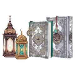 Islamic Prayer Book and Decorative Lanterns on White Background