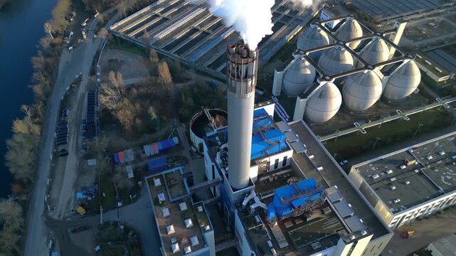 sewage treatment plant industrial emitting smoke. Magic aerial view drone