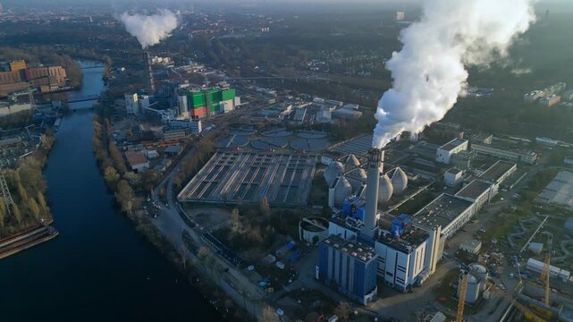 sewage treatment plant industrial emitting smoke. Best aerial view drone