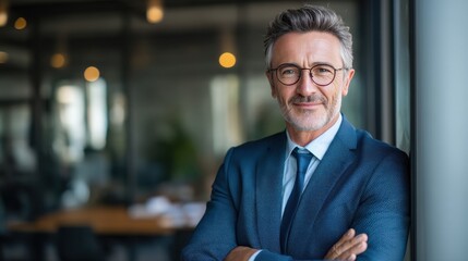 Fototapeta premium Portrait of a confident, mature businessman wearing glasses and a blue suit, standing with arms crossed in a modern office environment. Warm lighting and blurred background create a professional atmos