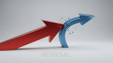 reprisal. A sharp red arrow deflecting a blue arrow on a neutral background. event key visuals, club posters, designed for fitness apps and gym onboarding.