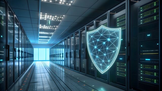 Data center security concept featuring a digital shield in a server room, representing cybersecurity and protection of information in a modern facility - Powered by Adobe