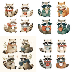 Fototapeta premium Cute watercolor raccoon characters in various poses and expressions, hand painted woodland animals isolated on white background, perfect for kids design, nursery art, stickers, and storybooks