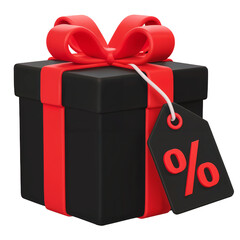 Black gift box with red ribbon and percentage tag