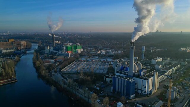 sewage treatment plant industrial emitting smoke. Nice aerial view drone