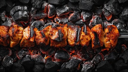 Deliciously charred chicken skewers cooking over hot, glowing charcoal. Perfectly grilled meat with a smoky, savory aroma, ideal for a barbecue or outdoor cookout setting.