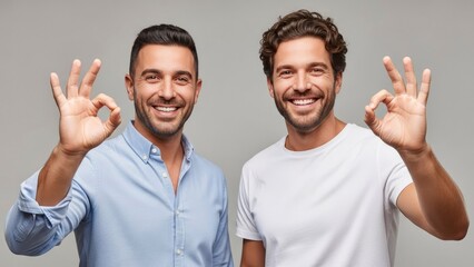 Two men giving okay sign looking at camera