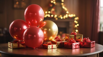 new year Red and Gold Party Balloons with Wrapped Christmas Gifts on Wooden Table and Warm Festive Bokeh Lights Background