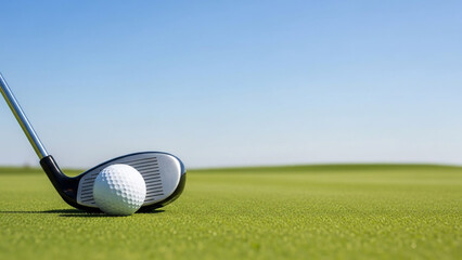 Close up of a golf club and ball on a green course under a clear blue sky