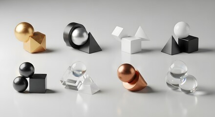 Collection of 3d geometric shapes in various materials isolated on white background