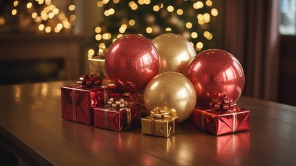new year Red and Gold Christmas Gifts with Shiny Baubles on Wooden Table and Blurred Christmas Tree Bokeh Lights Background