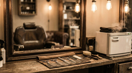 razor. A well-organized barber studio with warm lighting, showcasing professional grooming tools. lifestyle magazines.