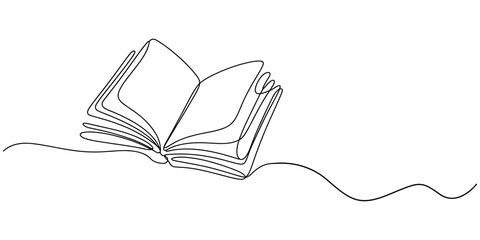 One line drawing of opened book isolated on white background, Continuous one line drawing of opened book. Book outline vector illustration. Editable stroke, Education, idea, school concept single. © Creative Tania