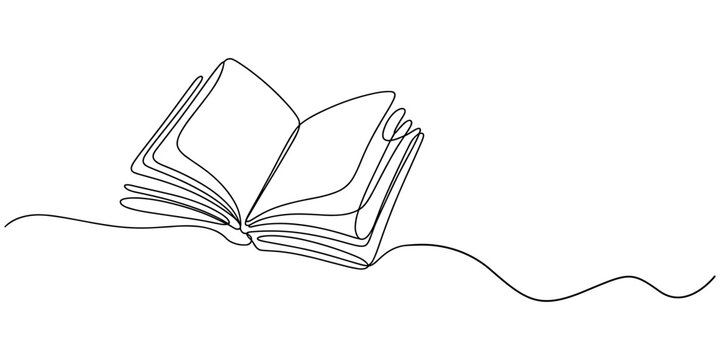 One line drawing of opened book isolated on white background, Continuous one line drawing of opened book. Book outline vector illustration. Editable stroke, Education, idea, school concept single.