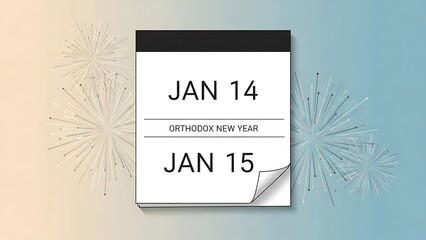 Calendar page showing Orthodox New Year dates with fireworks background