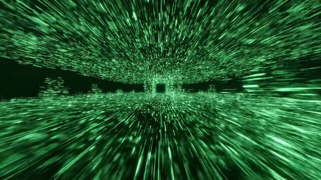 Vivid green futuristic data grid matrix pulsating with a vibrant propagating echo pulse sweeping across the three dimensional landscape big data, modern design, geometric