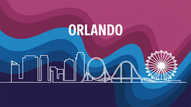 A stylized city skyline illustration of Orlando, Florida, featuring a modern line art design against a dynamic background