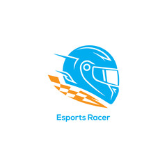 Esports racing helmet logo with digital speed effect and checkered flag, modern gaming driver icon isolated on white background

