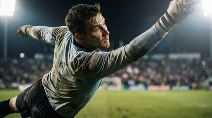 goalkeeper. Football goalkeeper in an action pose against a blurred stadium background. event key visuals, club posters, designed for sports event promotions and stadium branding, boosts motivation.
