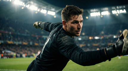 goalkeeper. Football goalkeeper in an action pose against a blurred stadium background. event key visuals, club posters, designed for sports event promotions and stadium branding, boosts motivation.