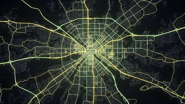 A nighttime aerial view of a city's illuminated road network and streets with a grid-like pattern and various routes extending outward in all directions - Powered by Adobe
