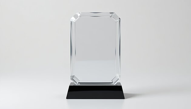 Minimal rectangular transparent crystal award trophy with beveled edges on simple dark base, realistic mockup isolated on white background


