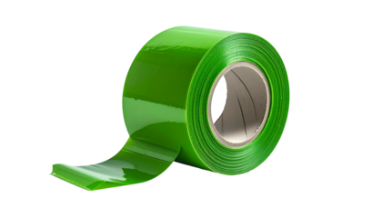 A shiny green tape roll with a peeled edge sits against a stark black background