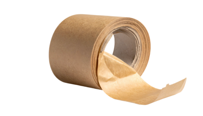 A roll of brown paper tape with a partially unwound segment on a black backdrop