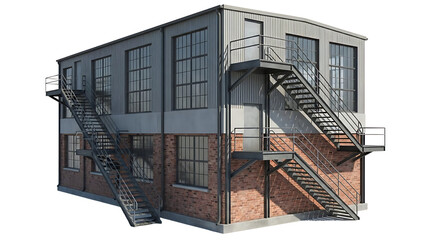 Modern Industrial Style Loft Building with Brick and Metal Exterior Featuring External Fire Escapes and Large Windows, Perfect for Urban Redevelopment Concepts