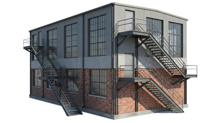 Modern Industrial Style Loft Building with Brick and Metal Exterior Featuring External Fire Escapes and Large Windows, Perfect for Urban Redevelopment Concepts