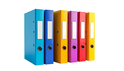 Vibrant row of colorful binders, standing upright against a dark, undefined background