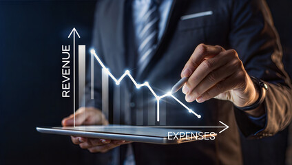 Business professional analyzing revenue and expense trends on a digital tablet