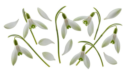 Fototapeta premium Snowdrops blooming in a serene winter landscape viewed from a gentle overhead perspective.