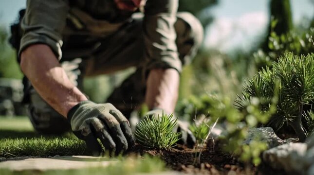 Planting small pine tree in garden with gloves on hands