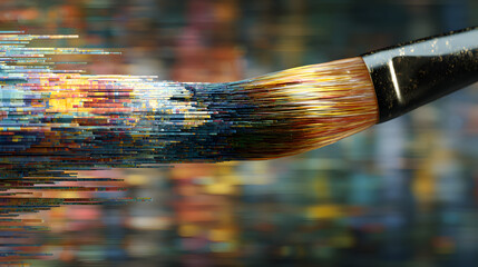 Title: Artist paintbrush creating abstract digital pixel art strokes with glitch effect on blurred background