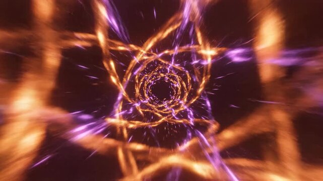 Vivid orange and purple light trails streaking past the camera creating a visual feedback loop effect that repeats and fades continuously dark background, power, technology