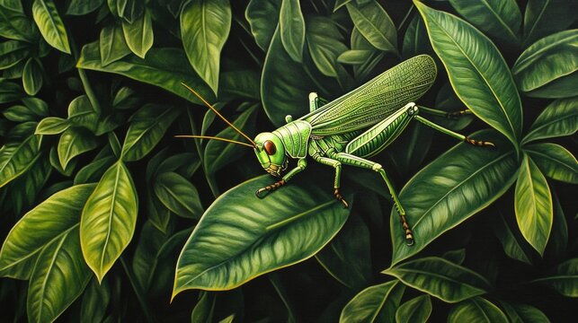 Green Grasshopper on Lush Leaves