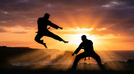 kungfu. Two martial artists poised in a powerful stance against a vibrant sunset, embodying discipline and energy. inspiring travel planning.