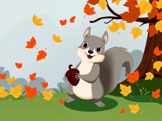 Cute squirrel holding acorn in autumn scene