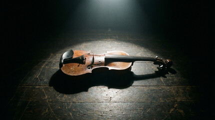 stasis. A single violin on a dark stage under a spotlight, showing wood grain. event programs, museum guides, designed for cultural heritage projects and event programs, supports education.