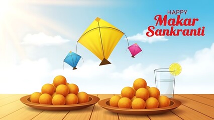 Colorful kites flying over bowls of oranges and a glass of water with lemon slice