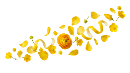 A vibrant floral arrangement of buttercup flowers on a white background