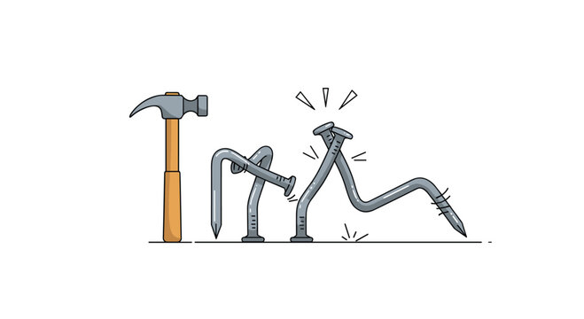 A humorous cartoon illustration of a hammer looking at several bent and crooked nails that it failed to drive in straight.