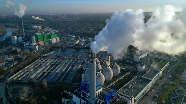 sewage treatment plant Industrial emitting smoke. Amazing aerial view drone