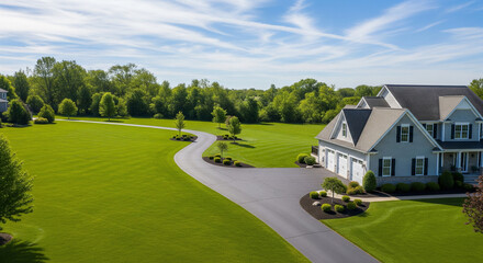  high-angle drone shot of a beautiful suburban home with a manicured green lawn and a winding driveway. The house is in the bottom right corner, leaving the expansive green lawn and driveway area on t