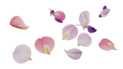 Floating flower petals in a serene and delicate dance against a white background