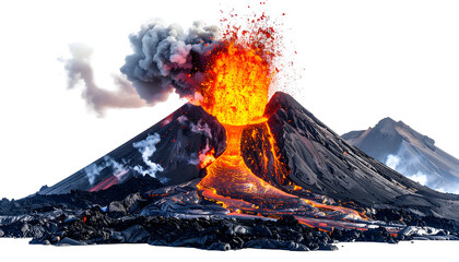 A mountain erupts, spewing molten rock and smoke with a clear backdrop