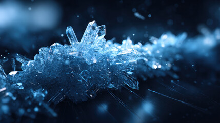 Sparkling blue crystal cluster on dark surface with reflective light and cool atmosphere, elegant and cold mood