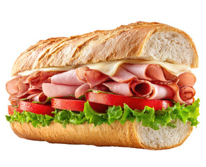 A large sub sandwich, filled with ham, cheese, lettuce, and tomato