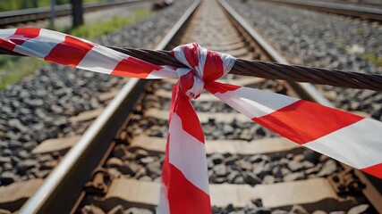 A striking closeup view of red and white striped warning tape securely tied across active train tracks symbolizing a clear barrier danger or temporary closure of the railway line emphasizing safety p.